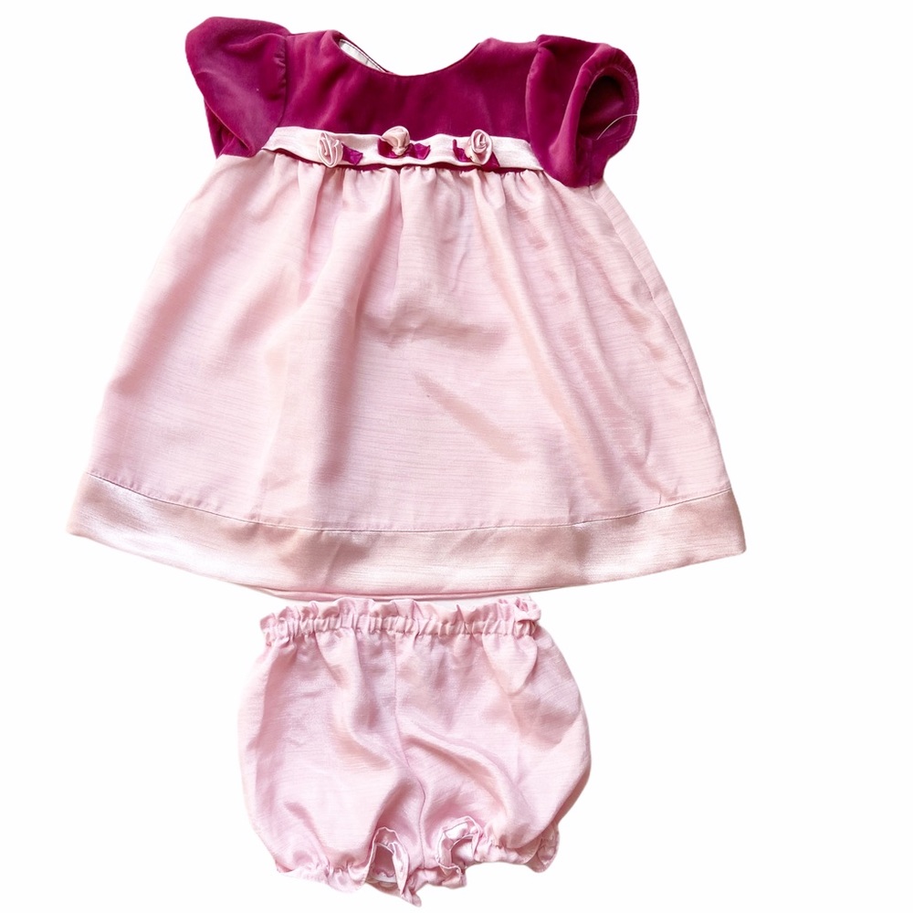 Baby Girls Pink Purplish Velour Rosettes Puff Short Sleeves Dress, 18 Months